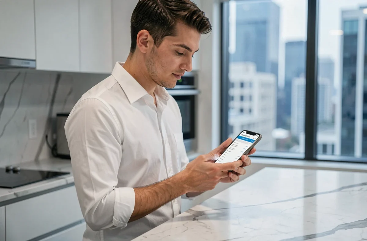 Jeune professionnel accédant à ses fiches de paie en ligne via smartphone dans une cuisine moderne