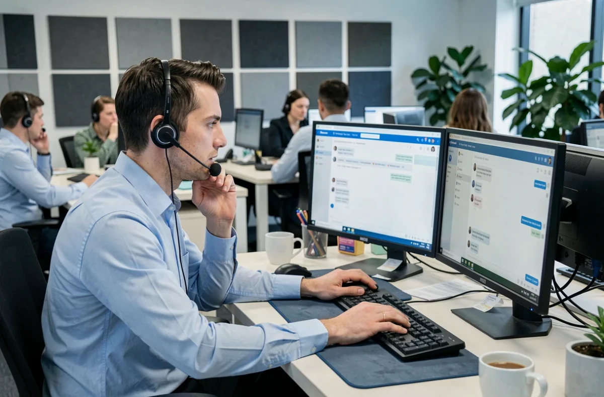Agent de support client masculin gérant un live chat en français dans un centre de service client moderne