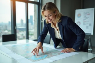 Professionnelle analysant une carte territoriale pour identifier des opportunités d'implantation d'entreprise en 2026