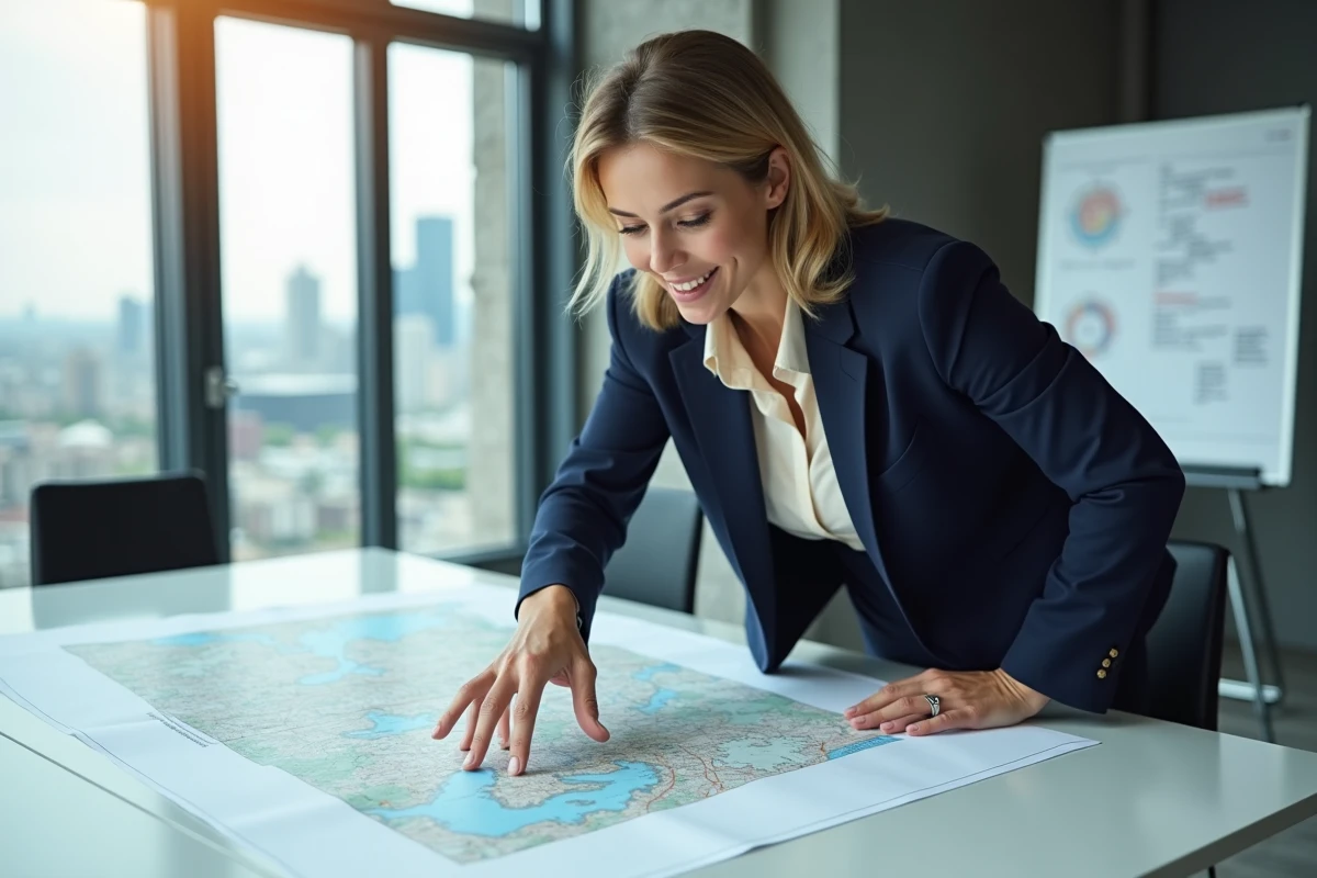 Professionnelle analysant une carte territoriale pour identifier des opportunités d'implantation d'entreprise en 2026