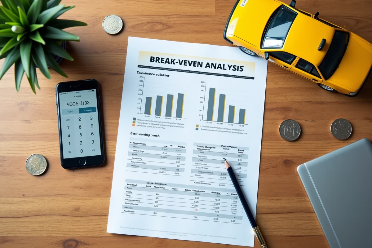 Vue aérienne d'un bureau avec documents financiers, calculatrice et modèle de taxi pour analyser le prix et la rentabilité d'une licence taxi