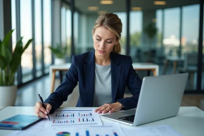 Professionnelle analysant des indicateurs économiques territoriaux sur un tableau de bord numérique en open space