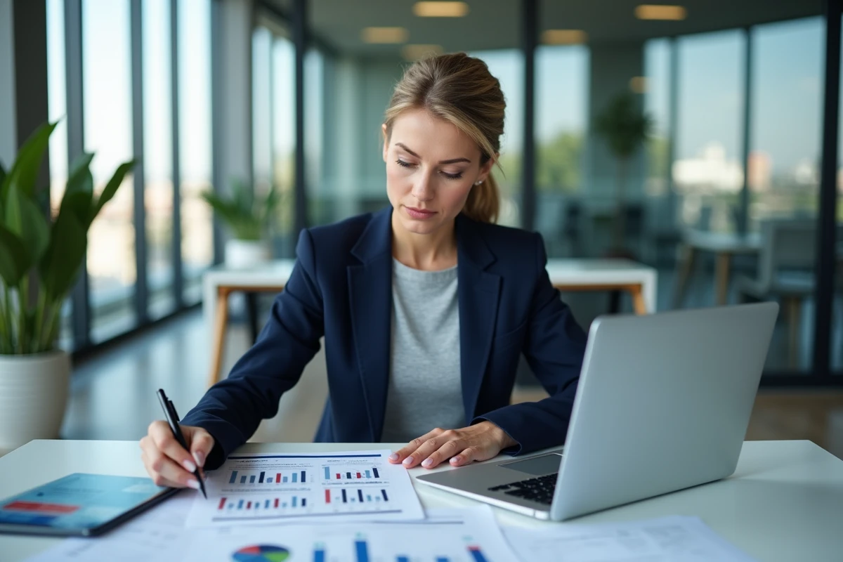 Professionnelle analysant des indicateurs économiques territoriaux sur un tableau de bord numérique en open space