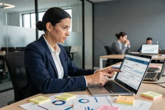 Femme analyste pointant un tableau de bord de stratégie de domaines sur un ordinateur portable dans un bureau moderne