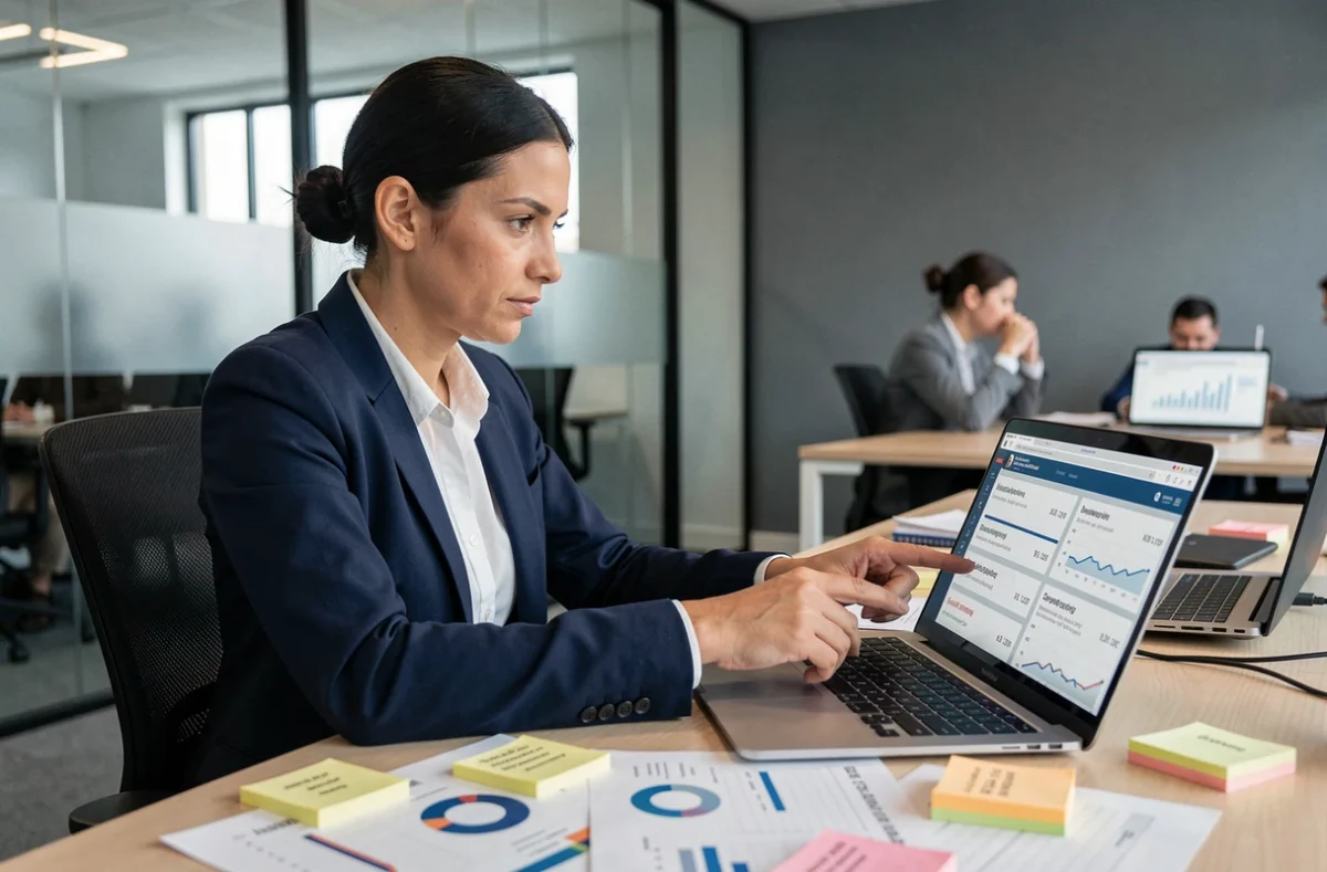 Femme analyste pointant un tableau de bord de stratégie de domaines sur un ordinateur portable dans un bureau moderne
