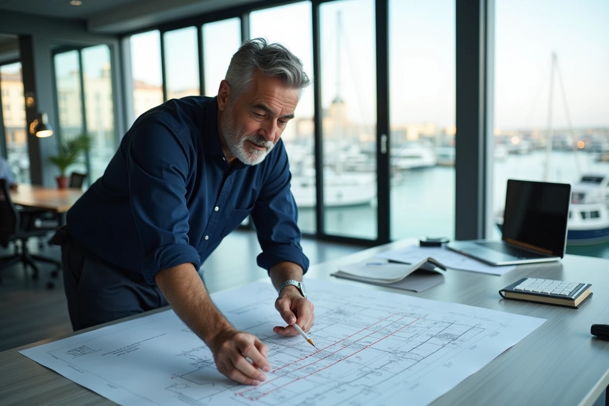 Architecte naval masculin étudiant des plans de bateaux et des documents financiers dans un bureau moderne avec vue sur un port de plaisance