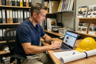 Artisan du BTP consultant un annuaire de chantiers en ligne sur son ordinateur portable dans son bureau professionnel