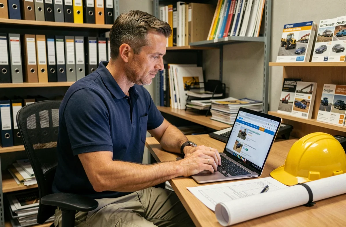 Artisan du BTP consultant un annuaire de chantiers en ligne sur son ordinateur portable dans son bureau professionnel