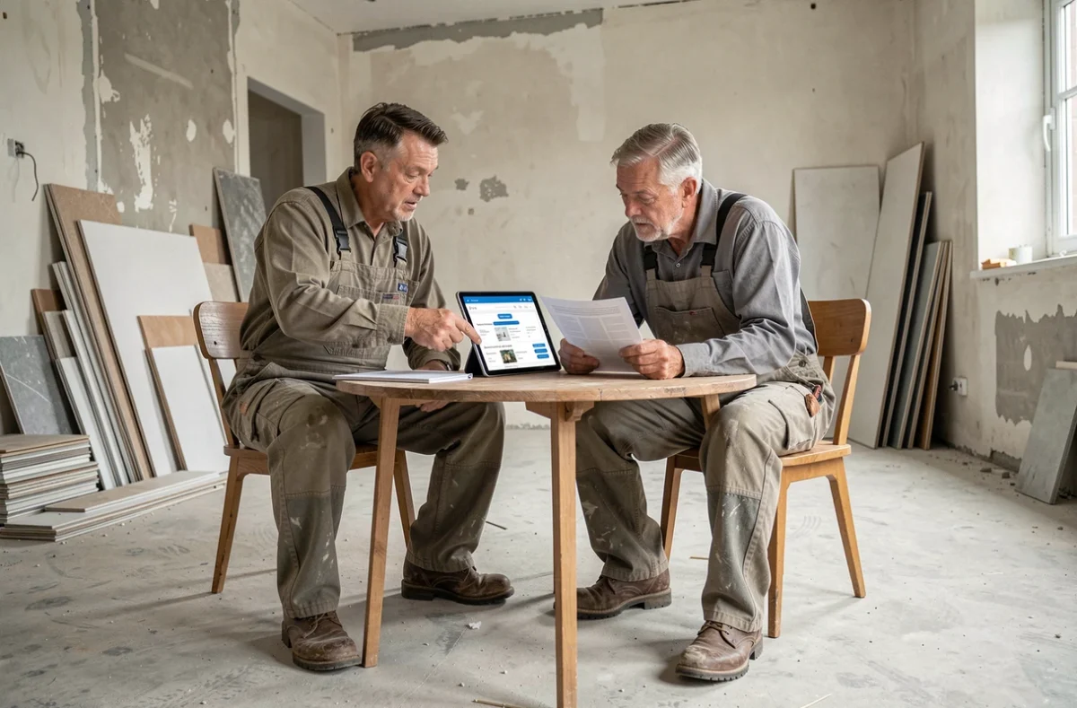 Deux artisans BTP étudiant des demandes de travaux clients sur tablette et documents imprimés dans un intérieur en rénovation