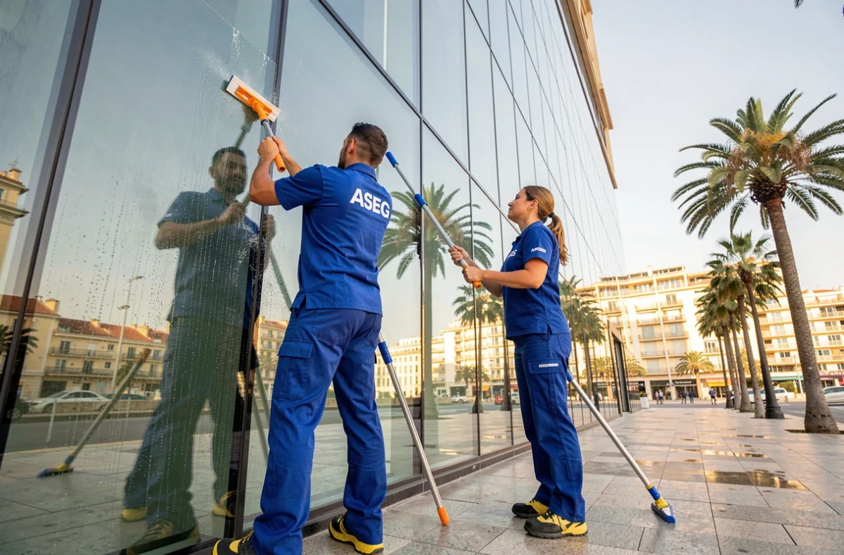 Équipe ASEG nettoyant une façade vitrée à Nice avec perches à eau et raclettes professionnelles