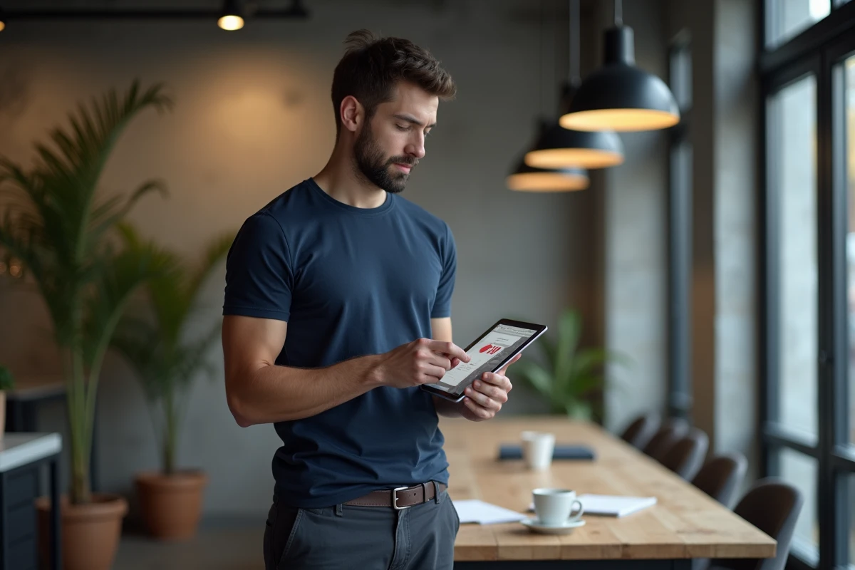 Jeune auto-entrepreneur calculant son exonération ACRE sur tablette dans un espace de coworking moderne
