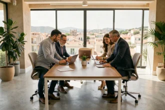 Professionnels dans un cabinet de recrutement moderne à Montpellier discutant autour d'une table de réunion avec des CV et des ordinateurs portables