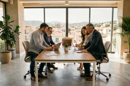 Professionnels dans un cabinet de recrutement moderne à Montpellier discutant autour d'une table de réunion avec des CV et des ordinateurs portables