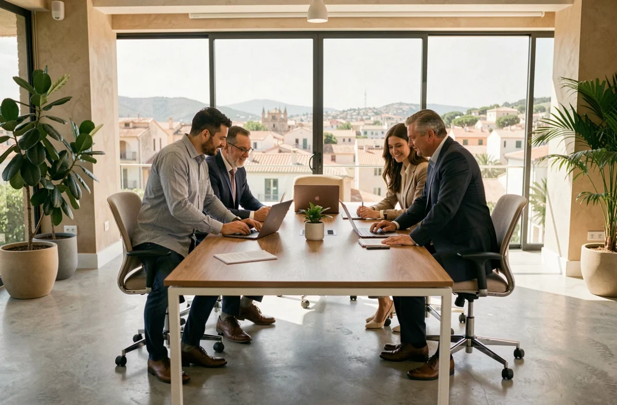 Professionnels dans un cabinet de recrutement moderne à Montpellier discutant autour d'une table de réunion avec des CV et des ordinateurs portables