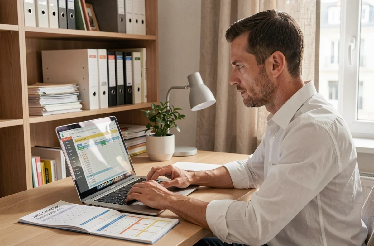 Homme calculant ses congés payés et jours RTT 2026 sur un ordinateur portable avec un calendrier imprimé à domicile