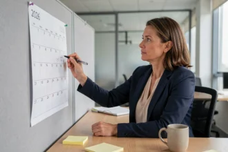 Femme professionnelle marquant les jours travaillés et les RTT sur un calendrier 2026 dans un bureau moderne
