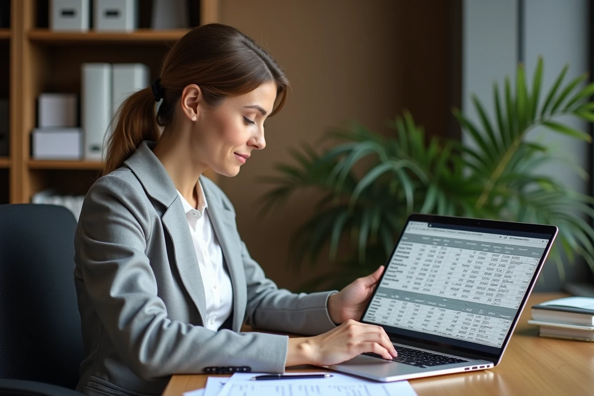 Femme entrepreneur calculant le seuil de rentabilité d'une licence taxi sur ordinateur dans un bureau professionnel