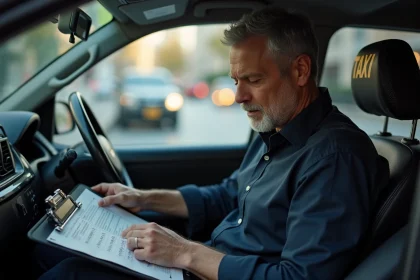 Chauffeur de taxi étudiant un tableau financier dans son véhicule pour calculer le seuil de rentabilité de sa licence taxi en 2026