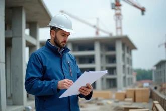 Chef de chantier en bleu examinant des plans numériques