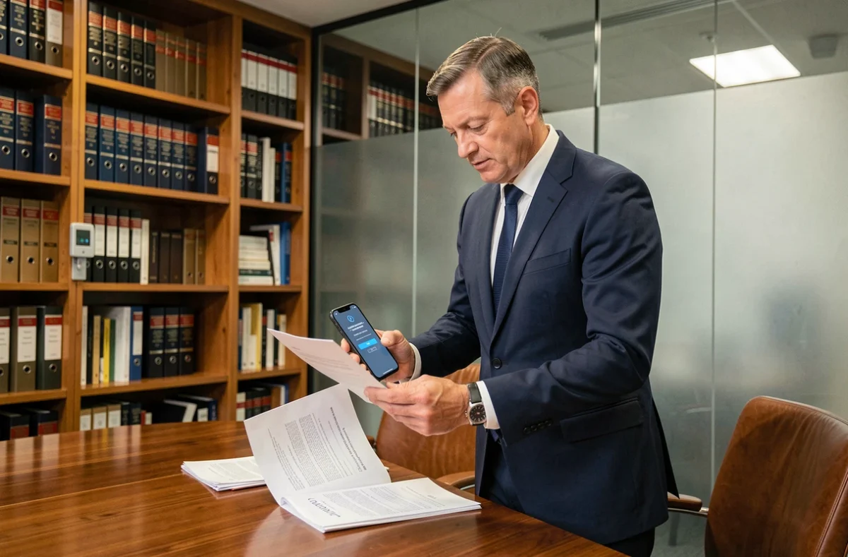 Chef d'entreprise consultant des documents juridiques et s'authentifiant sur une plateforme sécurisée en salle de réunion