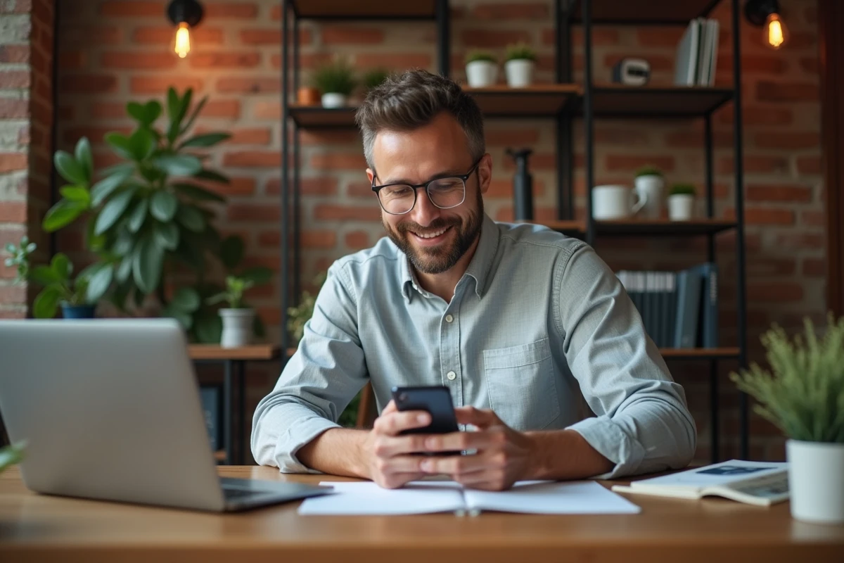 Chef d'entreprise consultant ses rendez-vous clients sur smartphone depuis son bureau de petite entreprise
