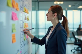 Chef de projet analysant un planning de déploiement PGI GTA sur un tableau blanc en salle de réunion