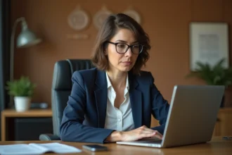 Cheffe d'entreprise française consultant des avis clients en ligne sur son ordinateur portable dans son bureau professionnel