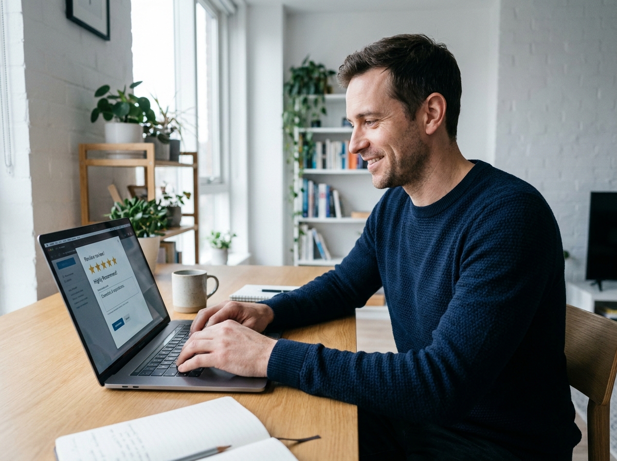Un client satisfait rédige un avis positif en ligne depuis son bureau à domicile, illustrant le bouche-à-oreille numérique