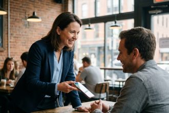 Une cliente fidèle partage une recommandation commerciale avec enthousiasme à une collègue dans un café moderne