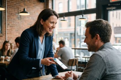 Une cliente fidèle partage une recommandation commerciale avec enthousiasme à une collègue dans un café moderne