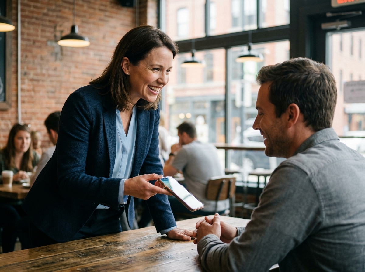 Une cliente fidèle partage une recommandation commerciale avec enthousiasme à une collègue dans un café moderne