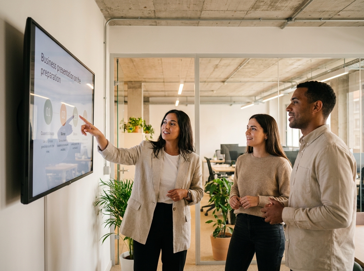Trois professionnels collaborent dans un espace de coworking moderne, illustrant le rôle des clients ambassadeurs dans le développement commercial