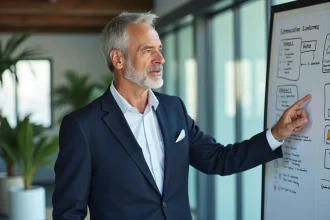 Coach professionnel expliquant les types de communication en entreprise devant un tableau blanc dans un bureau moderne