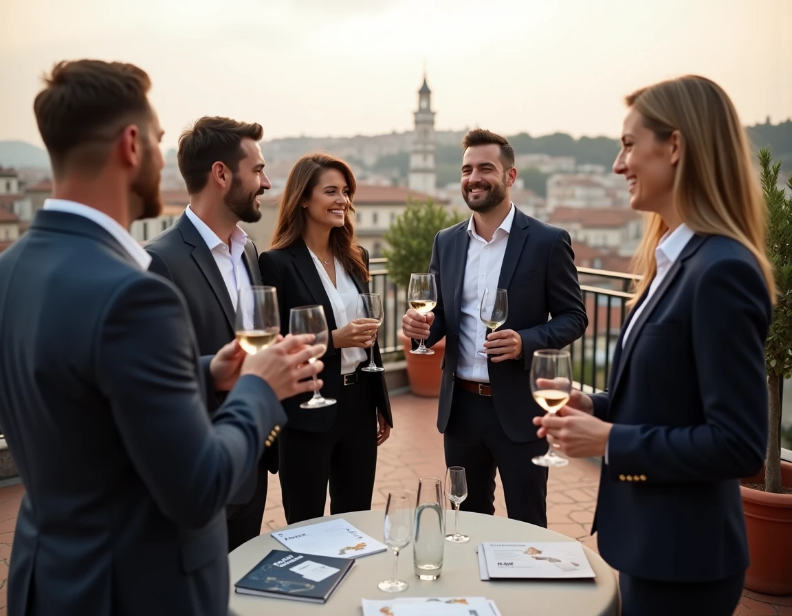 Événement cocktail networking B2B en plein air sur une terrasse urbaine avec vue sur la ville
