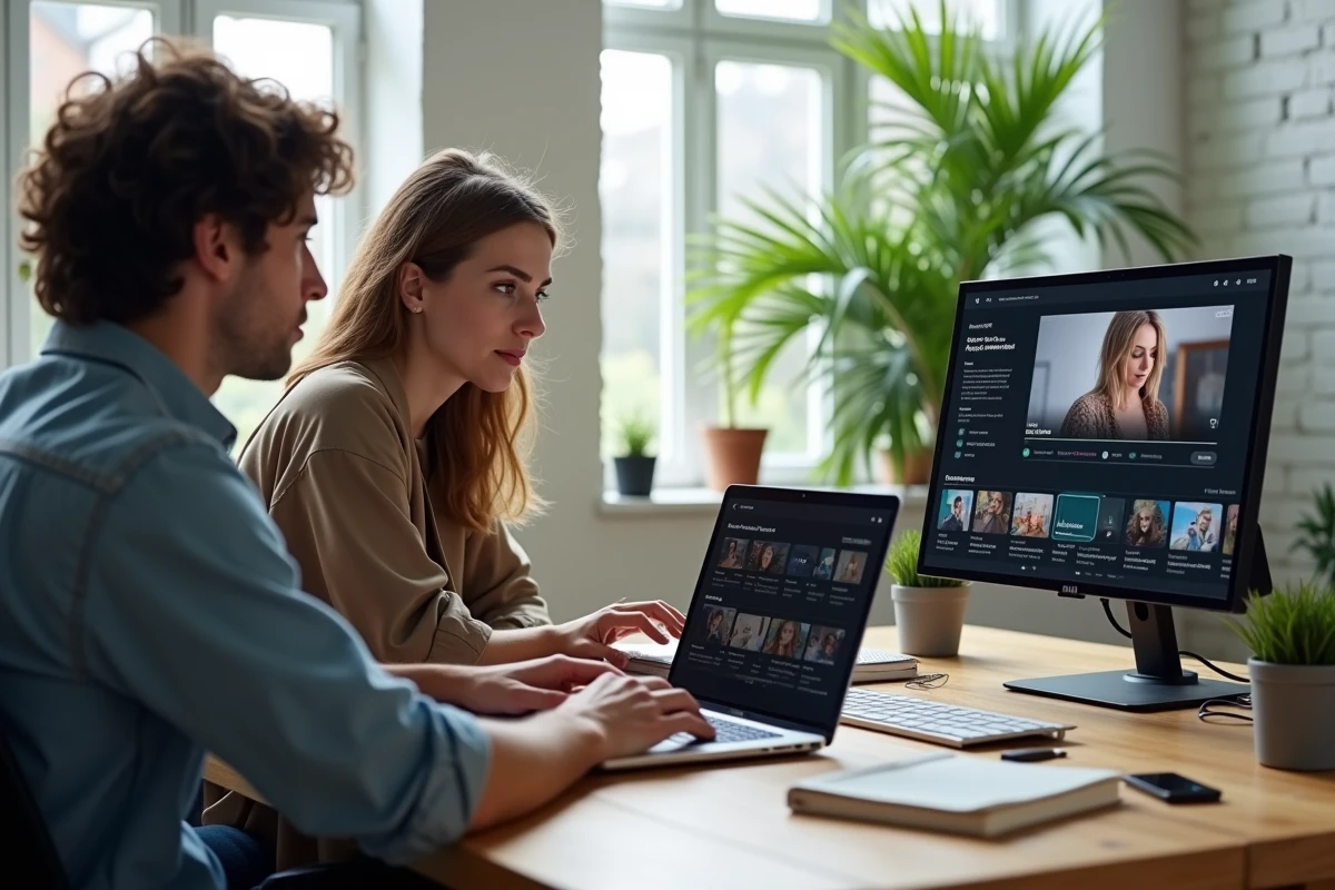 Deux créateurs collaborant sur une sélection de ressources vidéo légales pour YouTube via une bibliothèque de stock en ligne