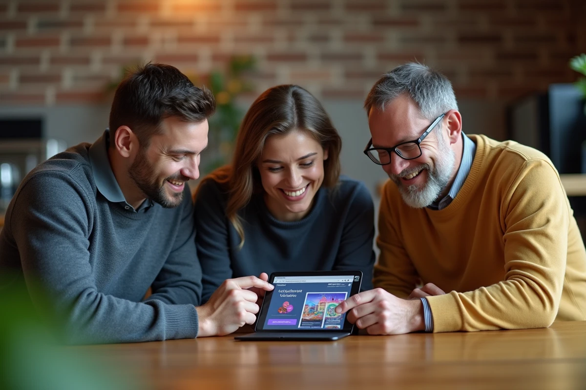 Groupe de collègues découvrant ensemble les avantages billetterie culture sur une tablette en salle de pause