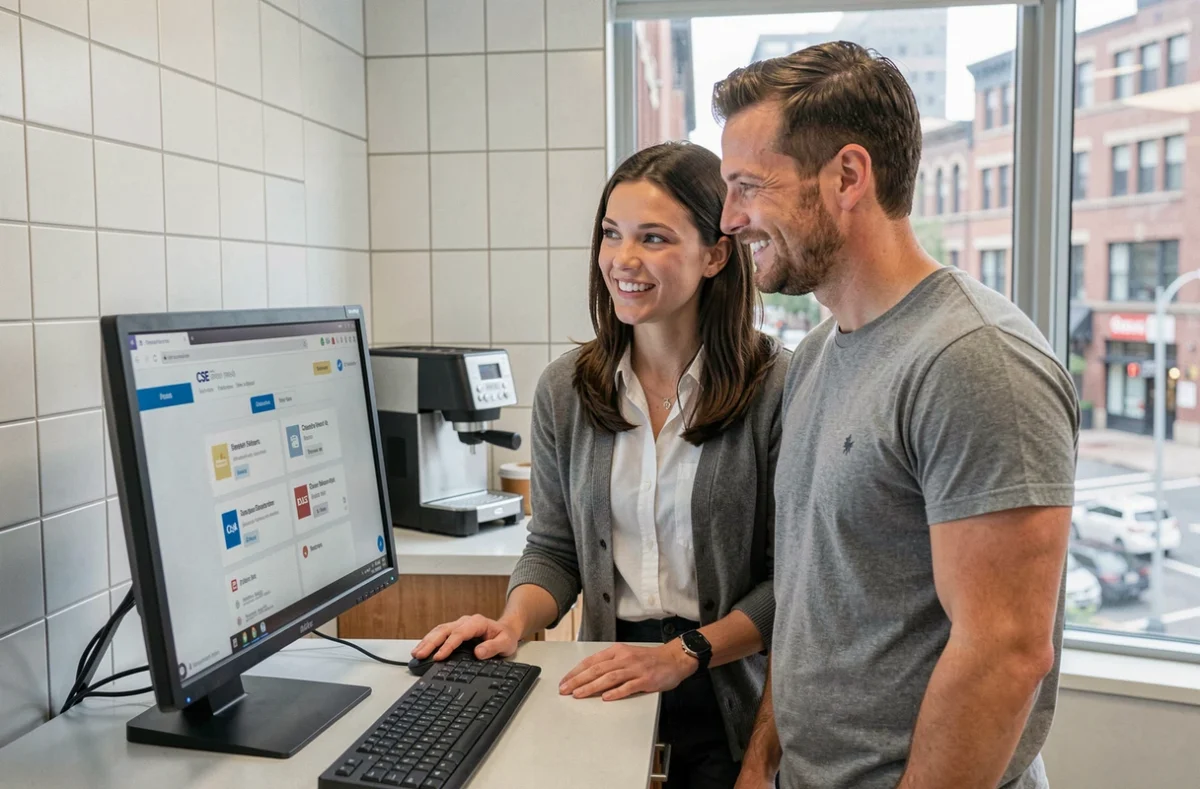 Deux collègues découvrant ensemble les offres CSE disponibles sur leur espace Advango au bureau