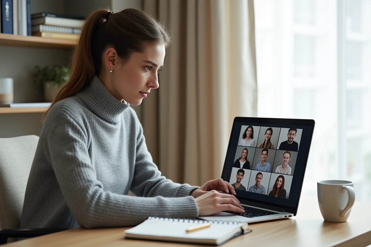 Femme professionnelle en télétravail participant à une visioconférence pour illustrer la communication à distance en entreprise