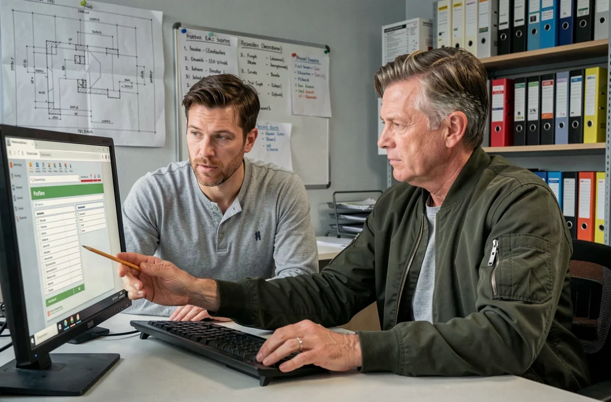 Deux artisans du bâtiment configurant ensemble leur profil d'entreprise sur Proxichantier dans un bureau de chantier