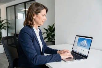 Professionnelle utilisant une connexion cloud sécurisée sur son ordinateur portable dans un bureau moderne