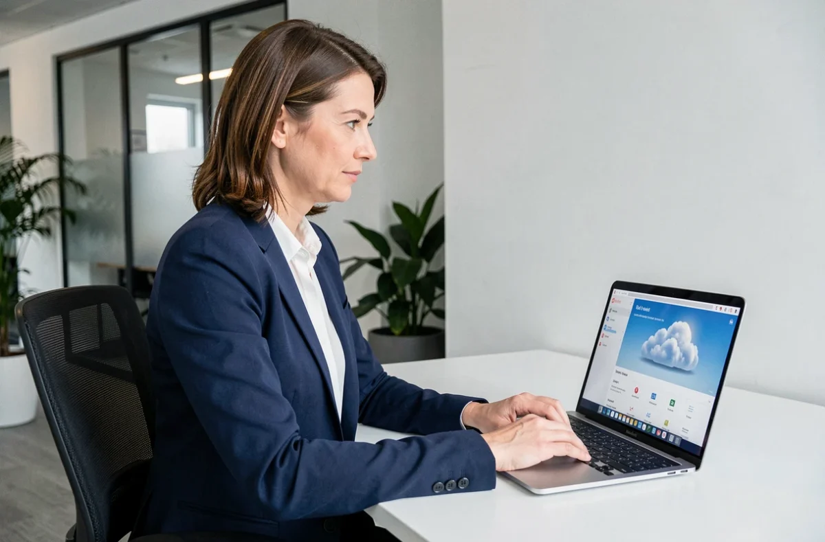Professionnelle utilisant une connexion cloud sécurisée sur son ordinateur portable dans un bureau moderne