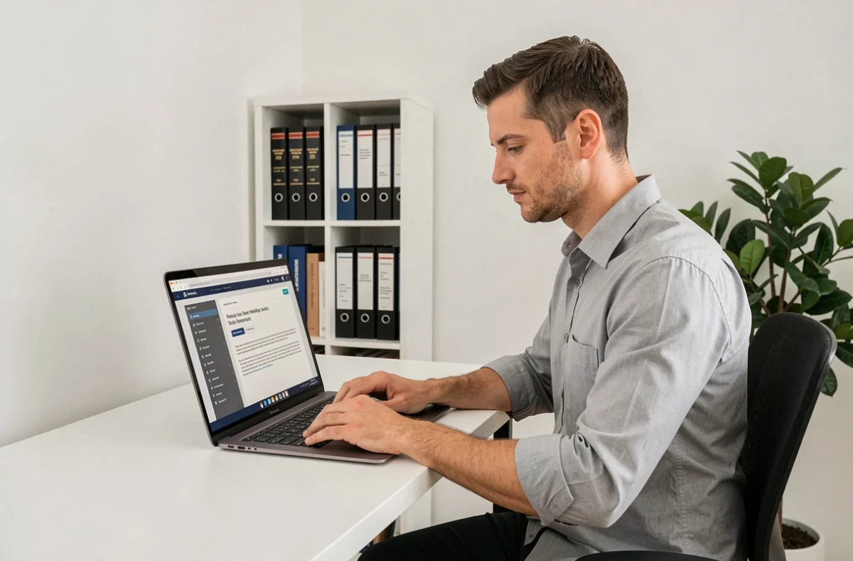Conseiller en assurance travaillant sur un extranet de courtage depuis un bureau debout avec laptop