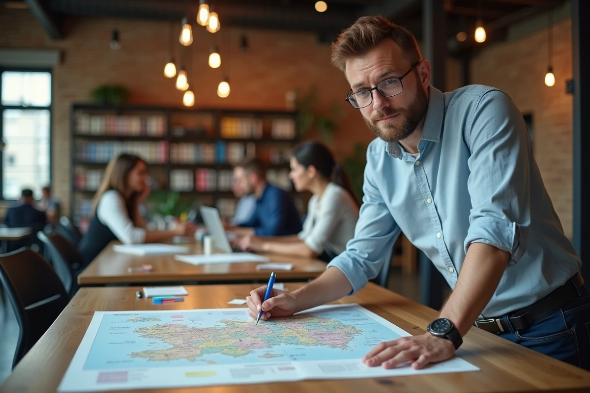 Consultant étudiant une carte territoriale annotée avec des données économiques dans un espace de coworking