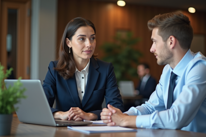 Consultante RH en discussion avec un employé dans un bureau moderne