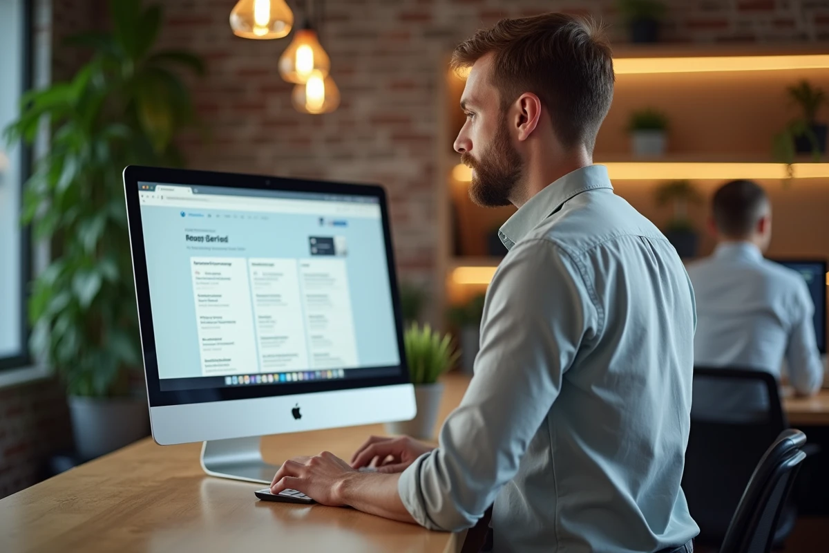 Homme consultant le répertoire Sirene sur un ordinateur de bureau dans un espace de coworking moderne pour vérifier les informations légales d'une entreprise