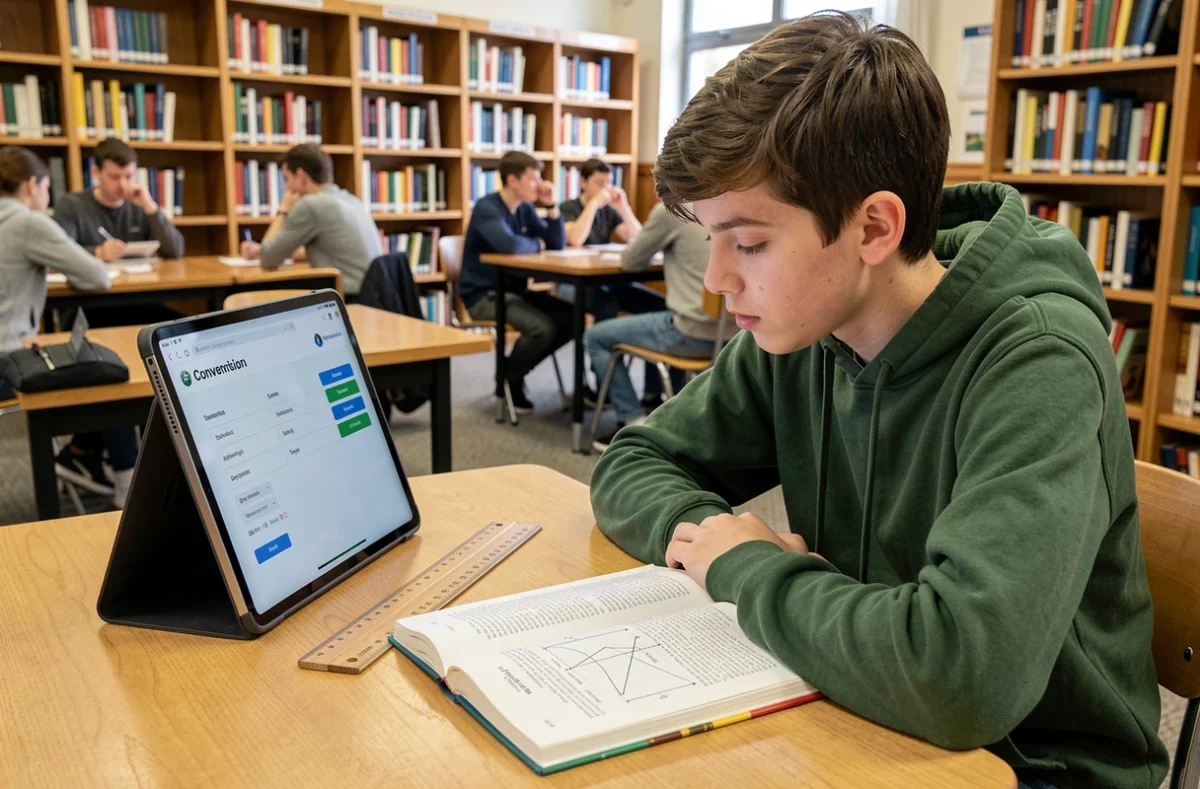 Étudiant utilisant une règle et une tablette pour convertir des pouces en centimètres dans une bibliothèque scolaire