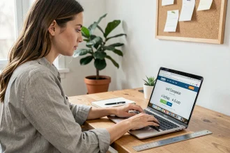 Femme utilisant un site de conversion pouce en centimètre sur son ordinateur portable dans un bureau à domicile