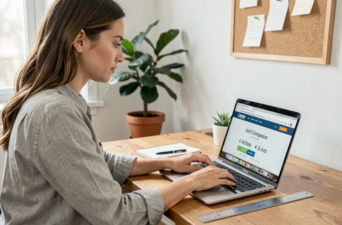 Femme utilisant un site de conversion pouce en centimètre sur son ordinateur portable dans un bureau à domicile