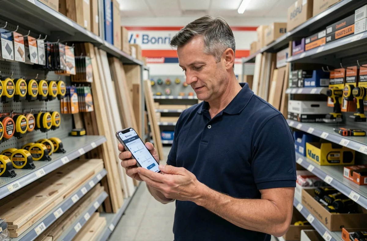 Homme consultant un convertisseur de pouces en centimètres sur smartphone dans un magasin de bricolage