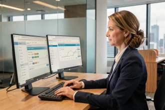 Courtière en assurance utilisant un extranet de gestion en ligne sur double écran dans un bureau moderne